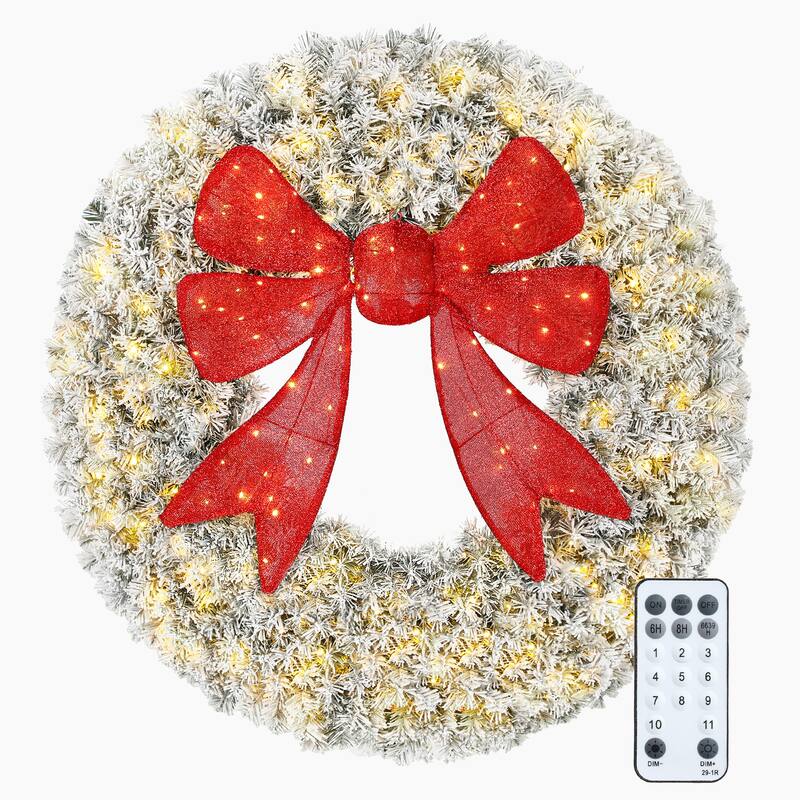 HOMCOM 48in Flocked Pre-Lit Wreath: 200 LED, 11 Modes, Remote, 3D Bow, Indoor/Outdoor