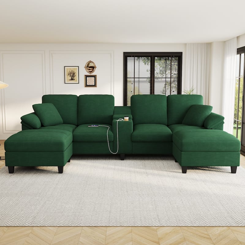 Roomfitters U-Shaped Sectional Sofa 116.9" Corduroy Upholstered Couch with Storage Ottomans, Cup Holders and USB Ports