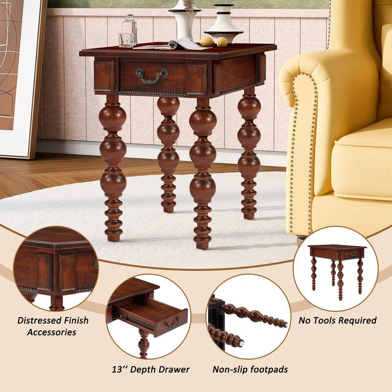 Solid Wood Coffee Table Set of 3 with Drawer, Vintage Coffee Table and 2 End Side Table for Living Room, Office