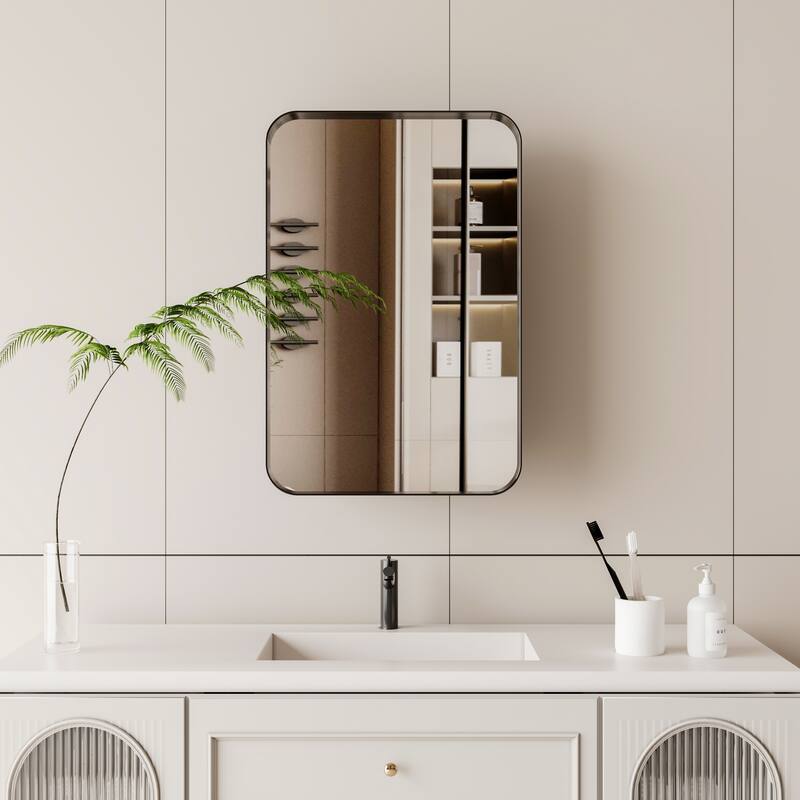 16" x 24" Black/ White Rectangular Metal Framed Medicine Cabinet with Mirror and Adjustable Shelves