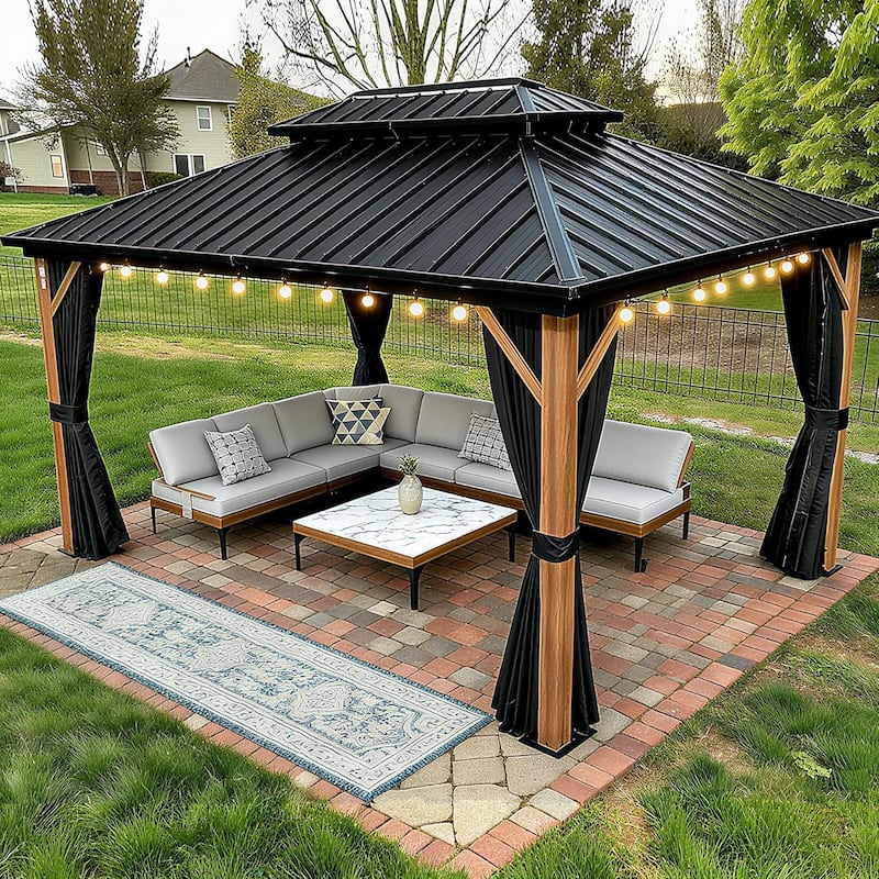 PURPLE LEAF Patio Hardtop Gazebo for Outdoor Wood Grain Aluminum Frame Galvanized Steel Double Roof and Backyard Garden - 10ft x 14ft - With lights
