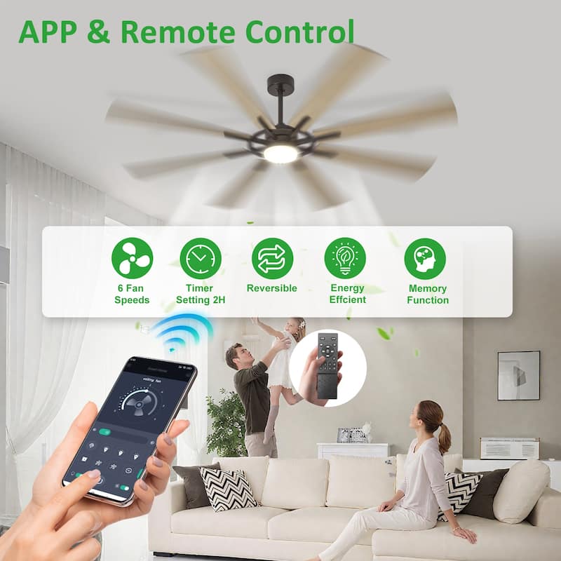 Modern 72 Inch 8 Blade Outdoor large Ceiling Fans with Lights: Dimmable Indoor Reversible 6 Speed Quiet DC Motor