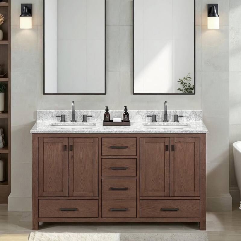 Avanity Modero 60 in. Double Sink Bathroom Vanity with Carrara Marble Top - 61"W x 22"D x 35"H - Mocha Oak