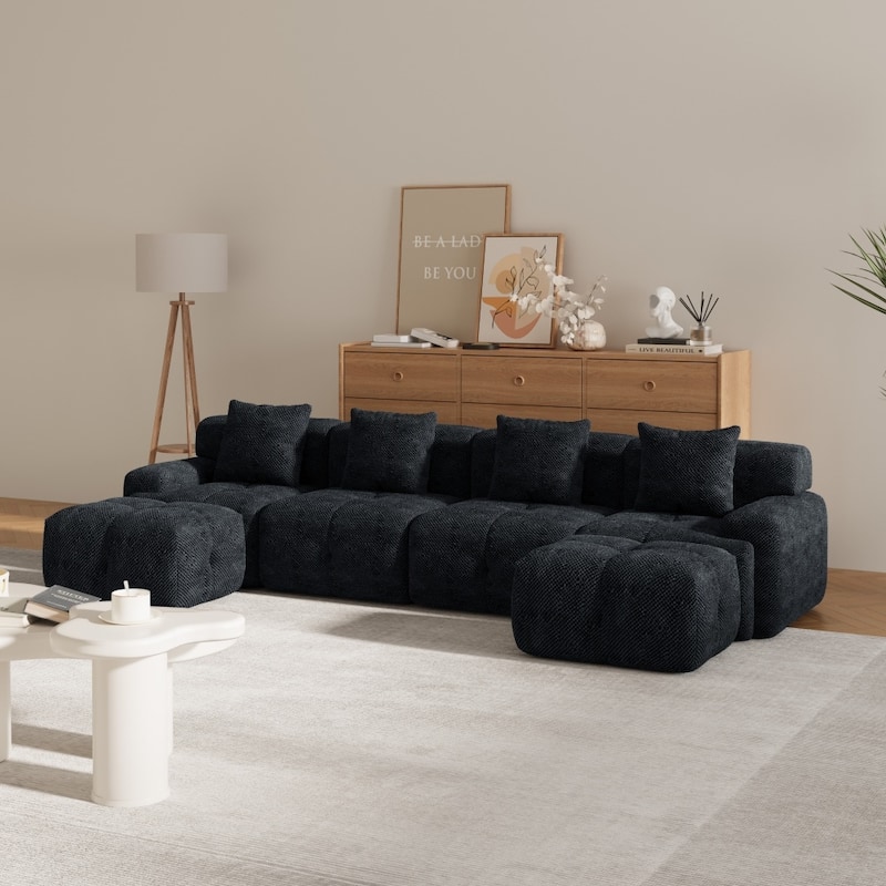 135.4" U-shaped Modular Sectional Sofa with 2 Ottomans and 4 Pillows - Charcoal