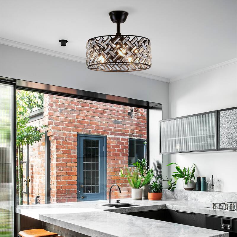 18" Crystal Cage Ceiling Fan With Remote Control ,Quiet Motor Fan Light,Indoor Crystal Chandelier Ceiling Fan