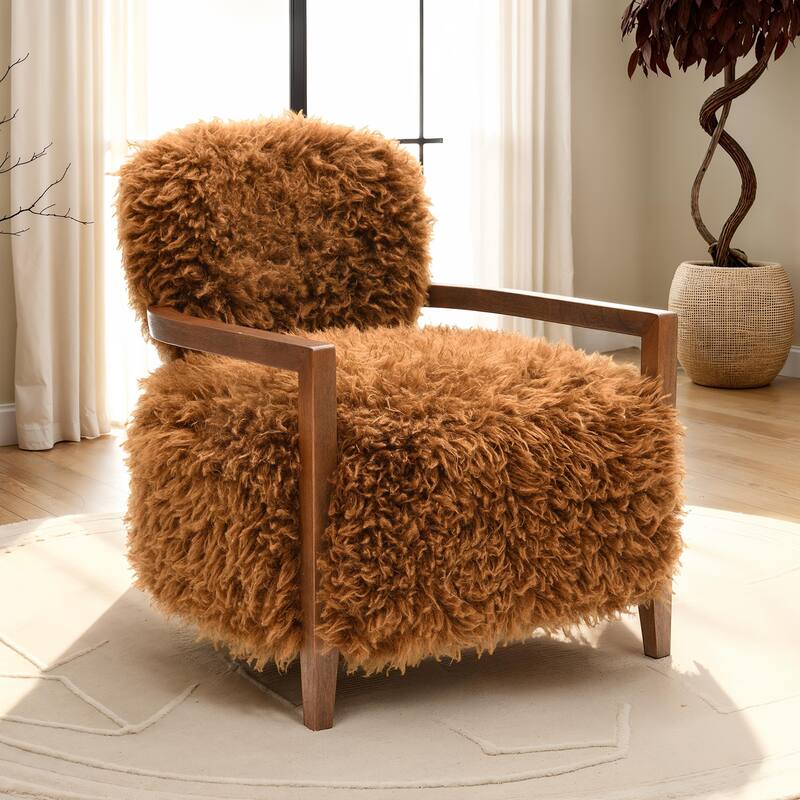 1pc Accent Chair Raked Wooden Arms Tight Back And Seat Soft Faux Fur Contemporary Living Room Furniture