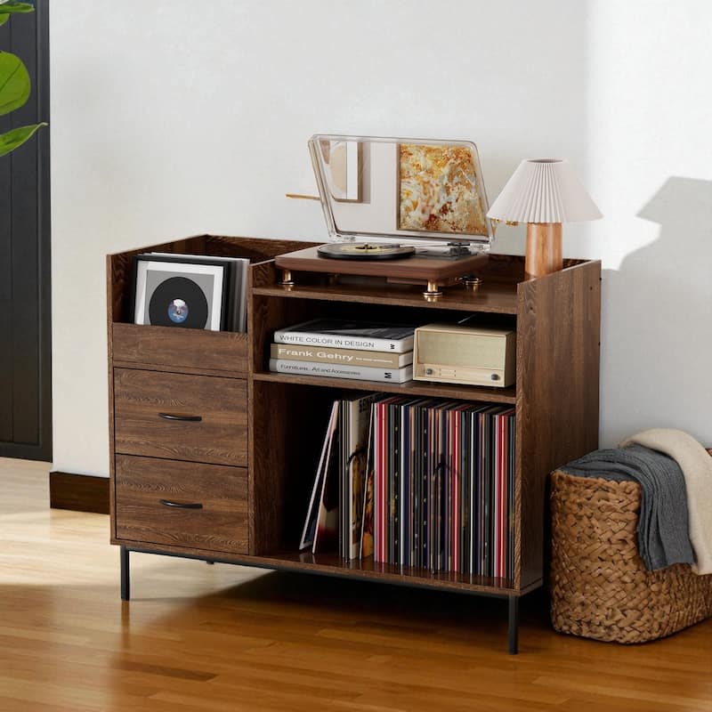 Record Player Stand with Adjustable Shelves, Holds 350 Vinyl Albums, Turntable Console with Speaker Shelf and Drawers