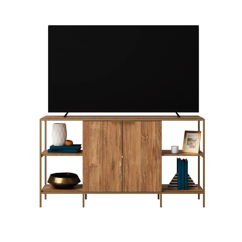 Wood Credenza for TVs up to 65" with Compact Design, Brown - 60.39" W x 16.77" D x 32.99" H