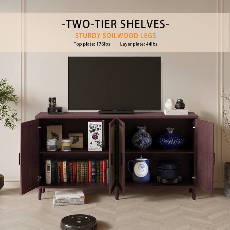 70" Rattan Buffet Cabinet with Storage, 4-Door Sideboard Buffet Cabinet with Adjustable Shelves