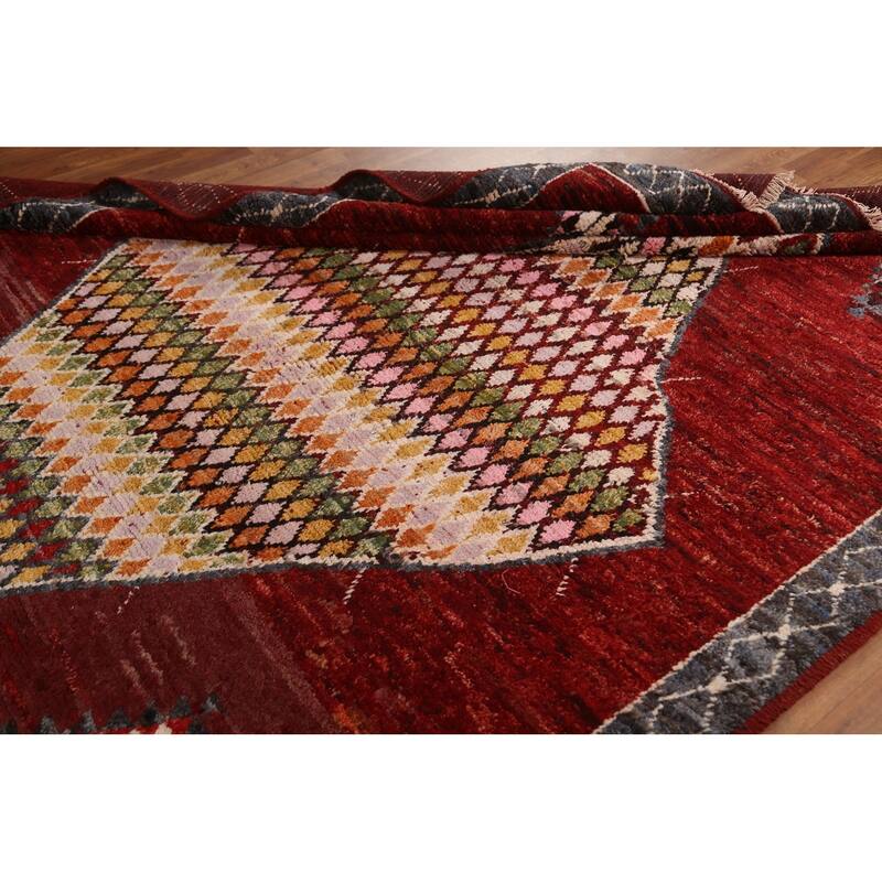Hand Knotted Oriental 100% Wool Carpet Modern Tribal Red Moroccan Area Rug - 9' 8'' X 6' 11''