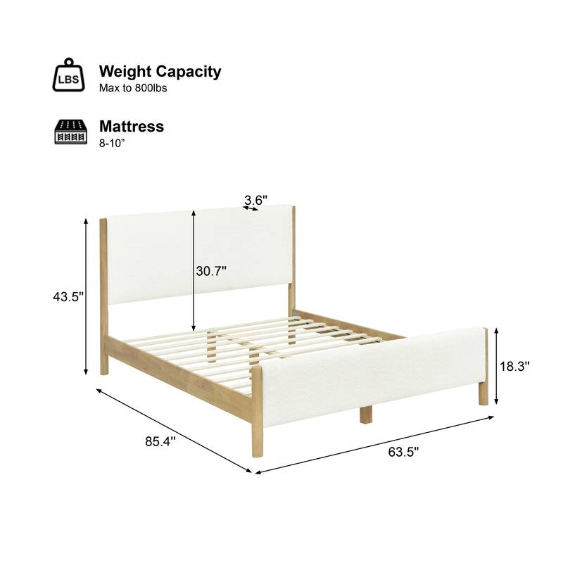 Modern White Boucle Upholstered Bed with Rubberwood Legs, Queen