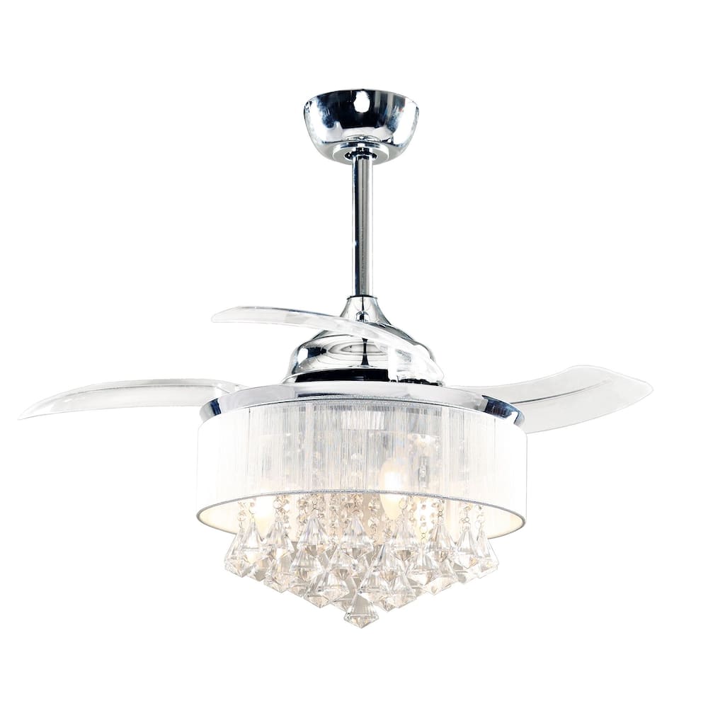 36" Modern Chrome Downrod Mount Retractable Crystal Chandelier Ceiling Fan with Light Kit and Remote Control - 36 in