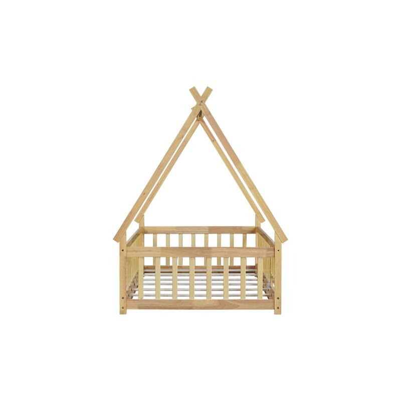 Tent-Shaped Floor Bed, Wooden Kids Teepee Bed with Fence and Door
