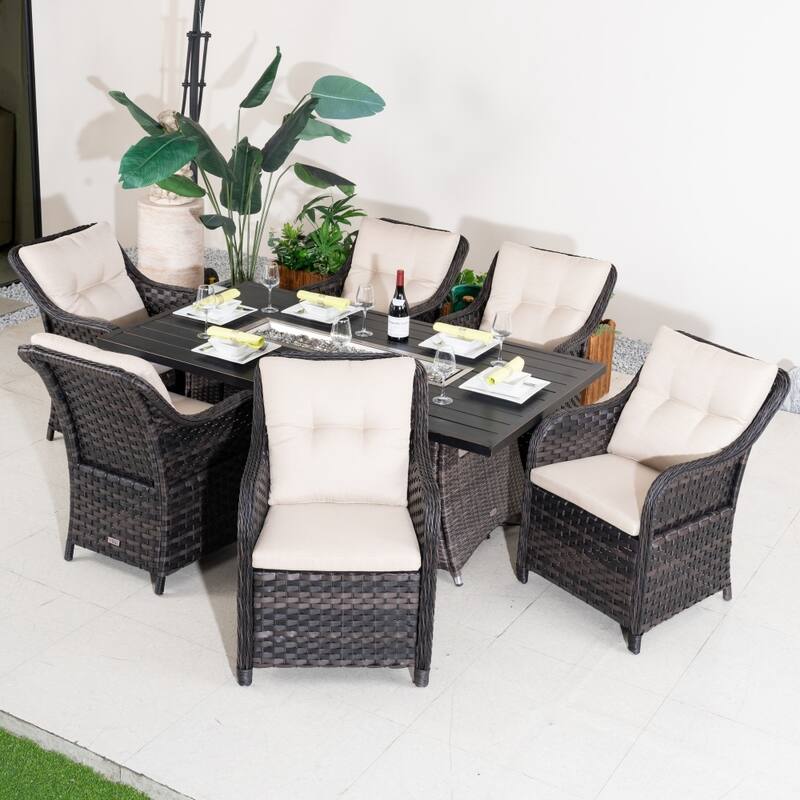 7-piece Aluminum Fire Pit Table and Wicker Chairs Set for Outdoor