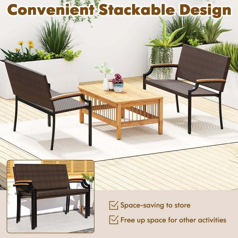 Costway 1/2 PCS Patio Wicker Loveseat Chair with Acacia Wood Armrests