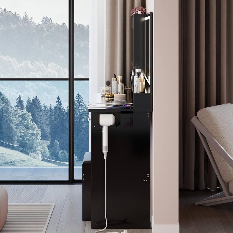 41" Large Size Left Drawer Desktop Vanity Table + Cushioned Stool Dresser Set, 2 AC+2 USB Power Station, Hair Dryer Stand