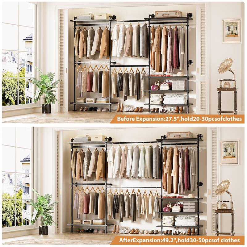 Expandable Industrial Pipe Clothing Rack with 6 Open Shelves,Adjustable Walk-in Closet Organizer System Garment Rack