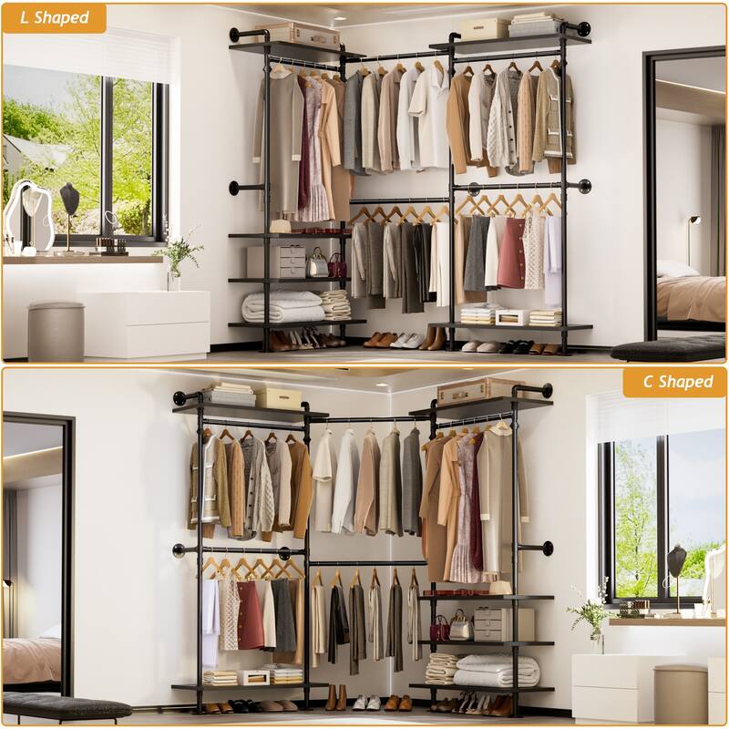 Expandable Industrial Pipe Clothing Rack with 6 Open Shelves,Adjustable Walk-in Closet Organizer System Garment Rack