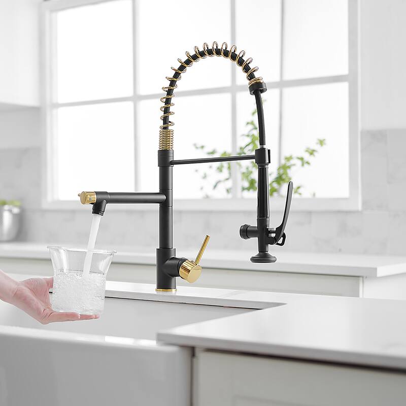 Modern Single Handle Pull-down Kitchen Sink Faucet - 9.45''W x 21''H - Black and Gold
