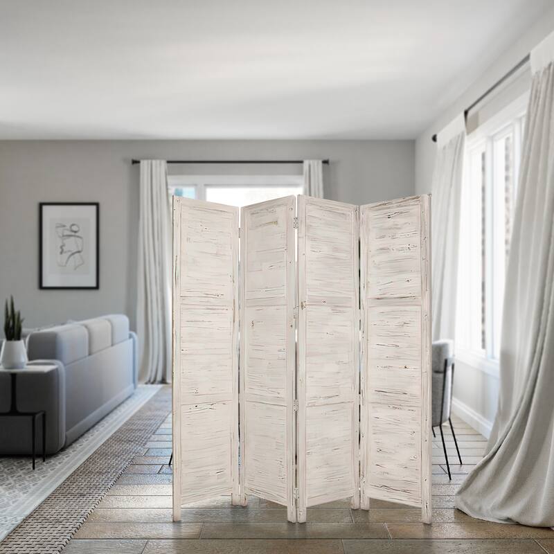 Wooden 4 Panel Foldable Floor Screen with Textured Panels, White