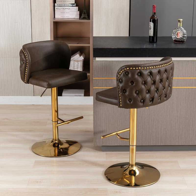 Roomfitters Modern PU Leather Swivel Bar Stools Set of 2, Adjustable Height Bar Chairs with Tufted Back and Black Metal Base