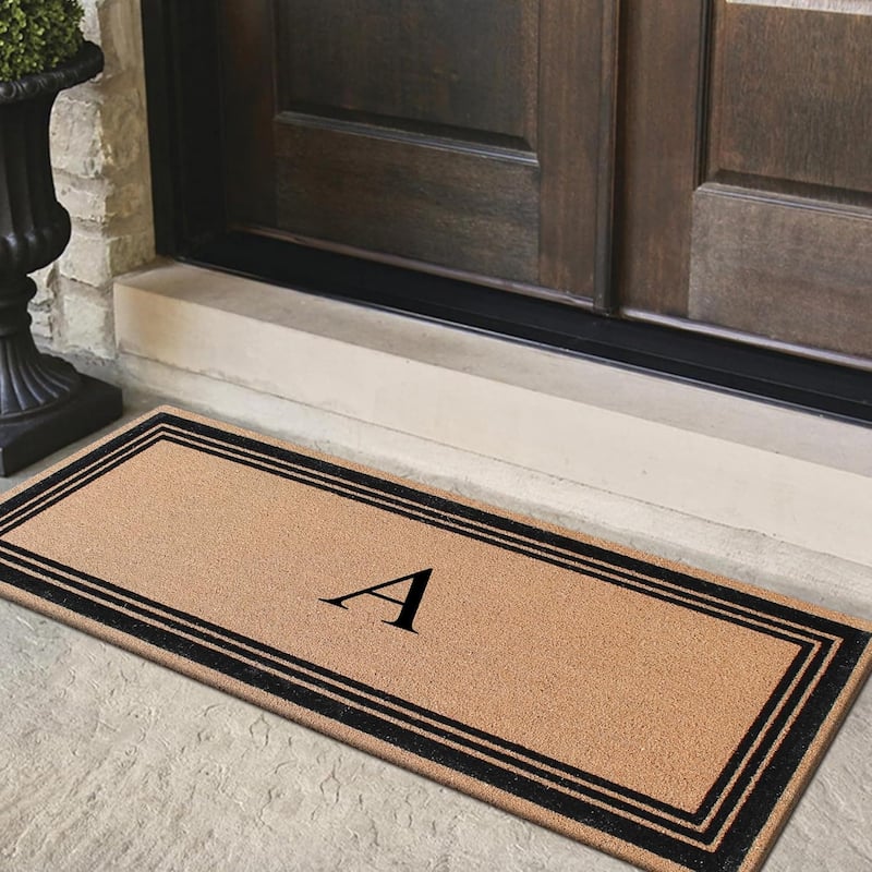 A1HC Natural Coir Monogrammed Flock Anti shed Treated Durable Doormat BlackBeige
