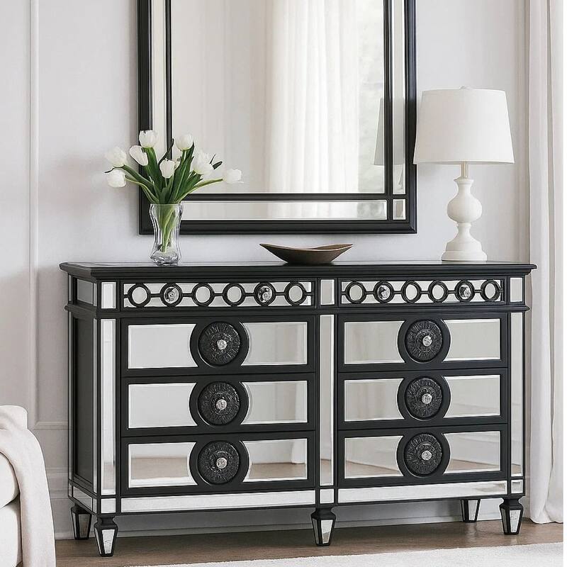 Koda 68 Inch 8 Drawer Wood Dresser, Mirror Trim, Sunburst, Black, Silver
