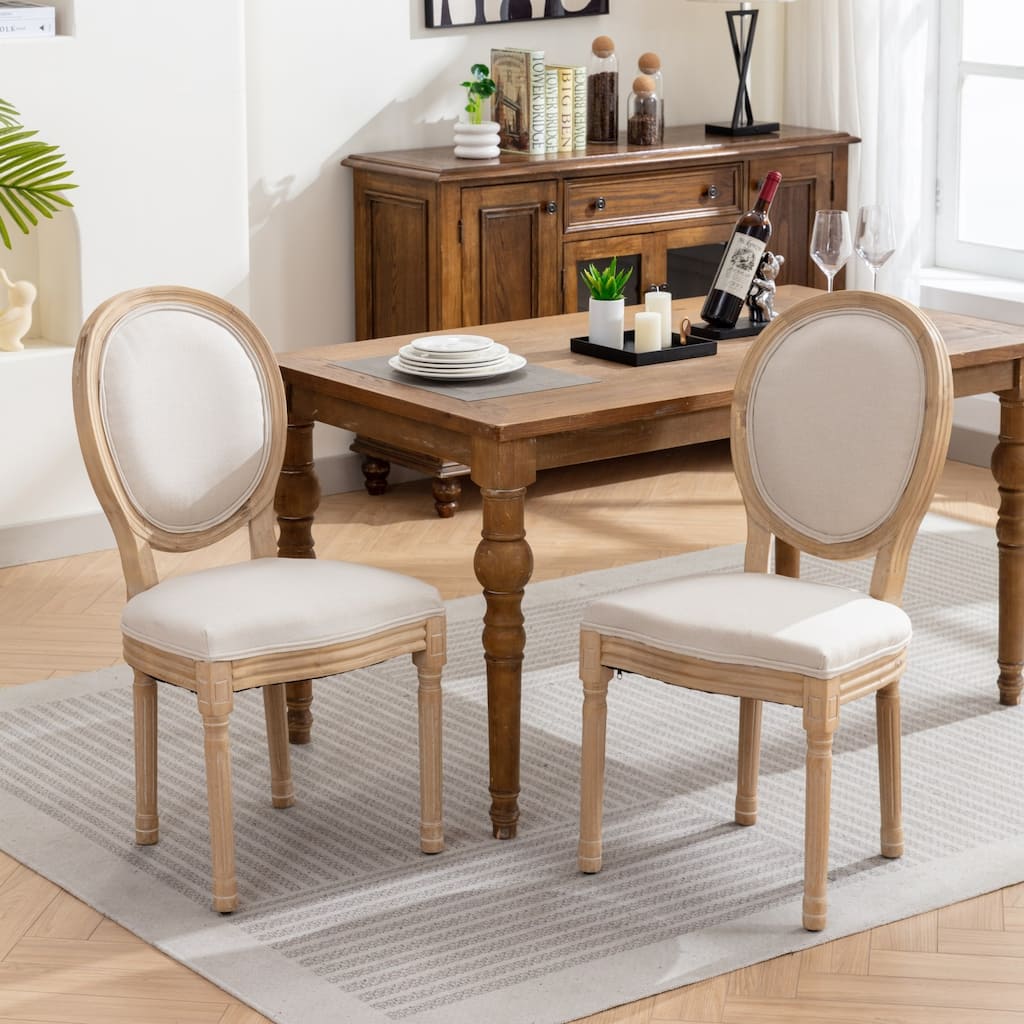 Roomfitters French Vintage Upholstered Dining Chairs Set of 2, Solid Wood Accent Chairs with Linen Fabric