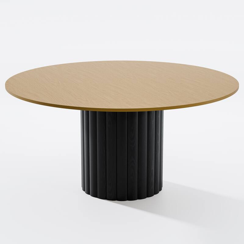 Solid Wood Round Dining Table Kitchen Table with Tabletop & Textured Cylindrical Base