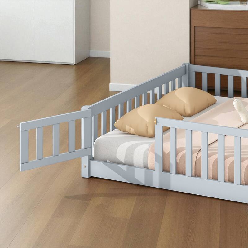 Full Size Rubber Wood Floor Bed with Fence, Door and Safety Guardrails for Kids