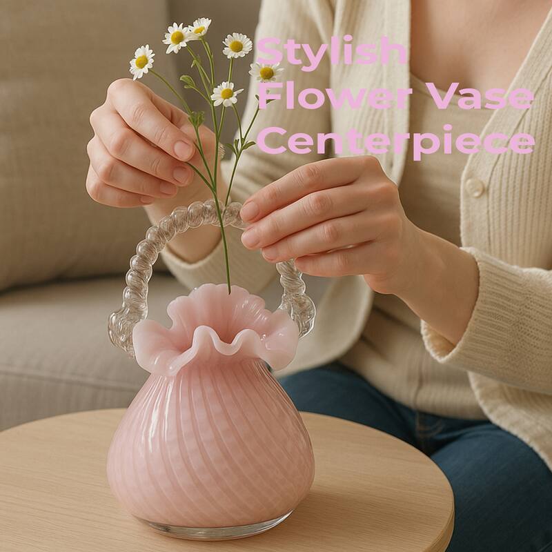 Pink Scalloped Glass Basket Vase Decorative Floral Display Accent