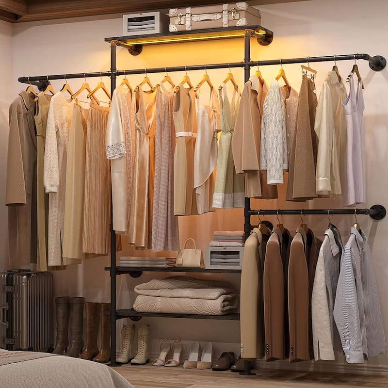87"W Industrial Pipe Clothing Racks with LED Lights & Open Shelves,Reversible Walk-in Closet Oraganizer System Garment Racks - Black Oak