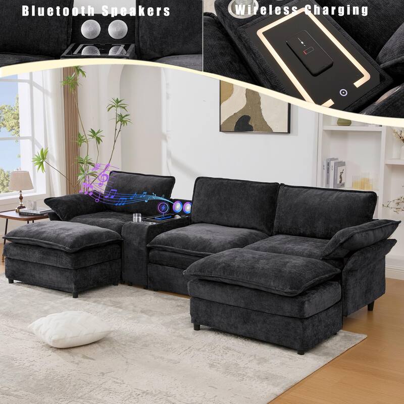 U-Shaped Chenille Modular Sofa with Bluetooth Speakers, Wireless Charging, Storage Console, 2 Cup Holders & Movable Ottoman