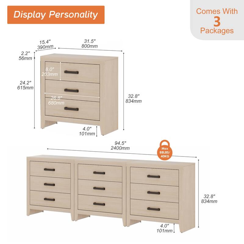 WAMPAT Farmhouse 3-Drawer Dresser, Wooden Chest of Drawers, Modern Storage Organizer & Nightstand for Bedroom, Living Room
