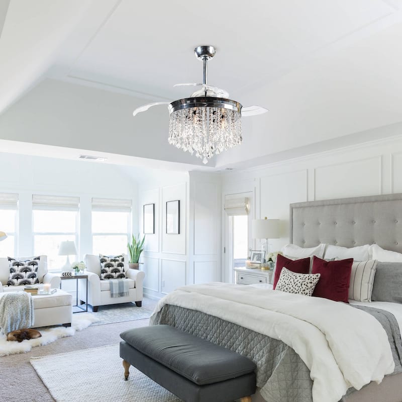 42" Modern Chrome Retractable Blades Ceiling Fan with Light and Remote Control - 42.0 In. W X 21.9 In. H X 42.0 In. D