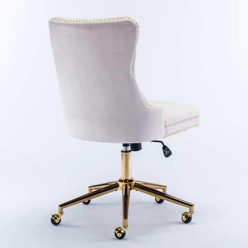 Roomfitters Velvet Tufted Office Chair, Adjustable Swivel Desk Chair with Gold Metal Base, Nailhead Trim Vanity Chair
