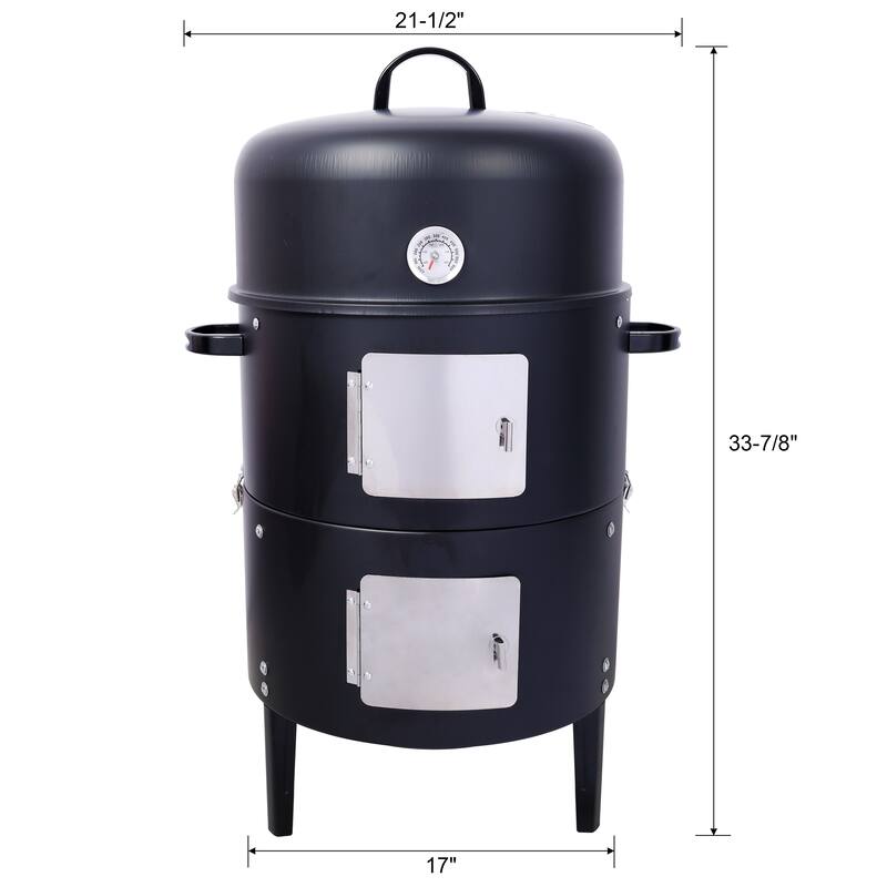 Vertical Charcoal Smoker Grill with Thermometer Dual Doors and 2 Tier 453 Sq In Cooking Area Steel BBQ Smoker - 17" x 33"