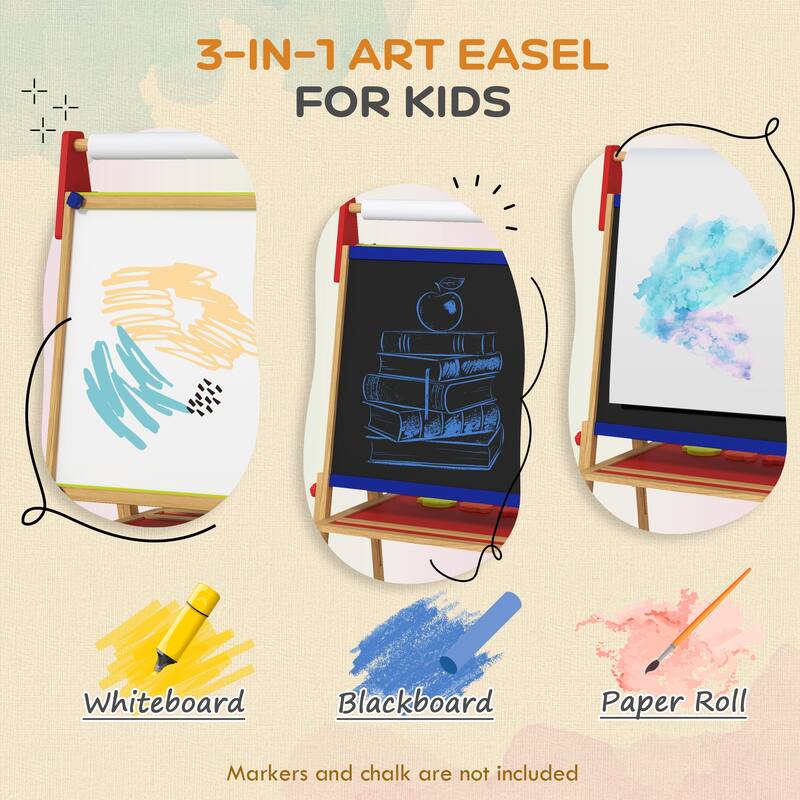 Adjustable Height Wooden Kids Art Easel with Whiteboard and Blackboard Paper Roll Storage Space - 24" W x 18.5" D x 44.5" H