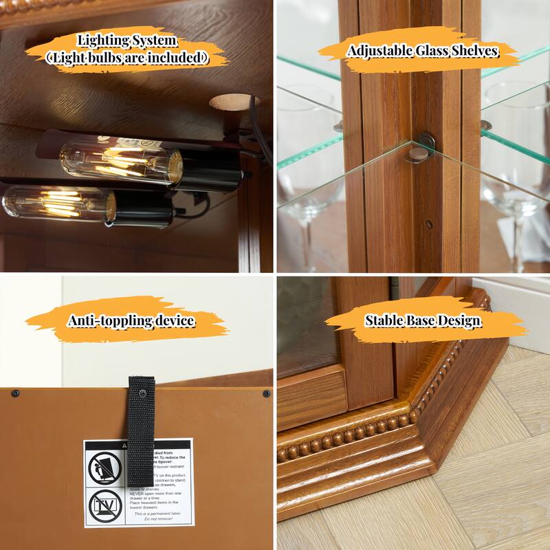 Corner Curio Cabinet Lighted Corner Display, Glass Display Shelf Shelving Bar cabinet with Tempered Glass Door, Bar Cabinet