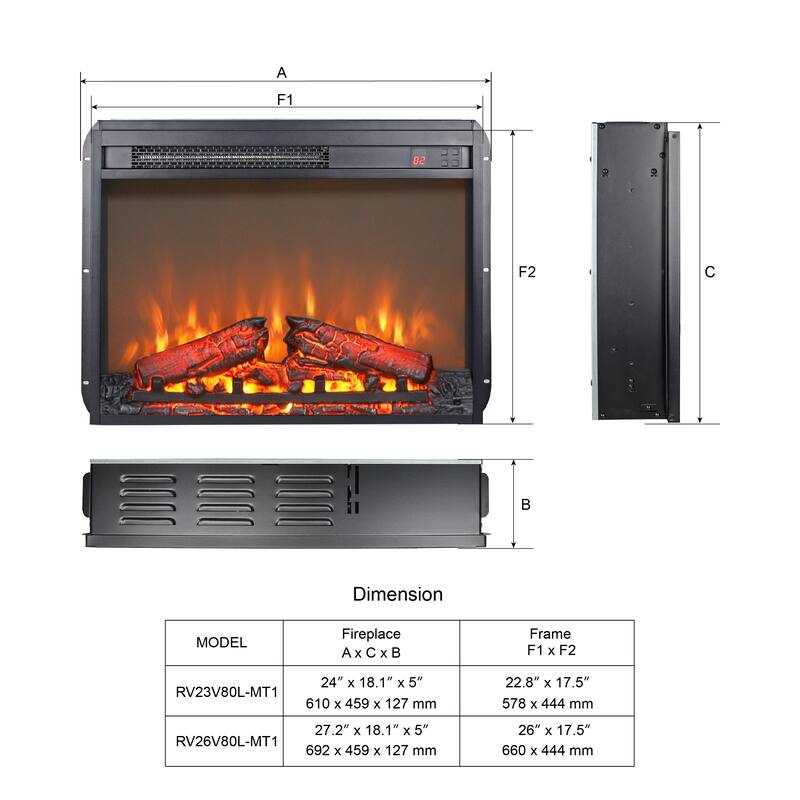 26" Black Ultra-thin Timing Electric Fireplace Insert with Log set, Overheating protection