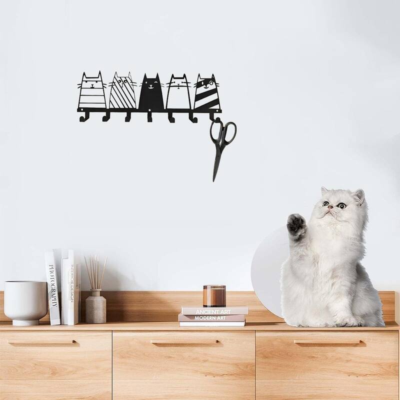 Cute Cat Wall Hooks 7-Hook Key Rack Coat Rack Modern Decor - 13.74" x 4.37"
