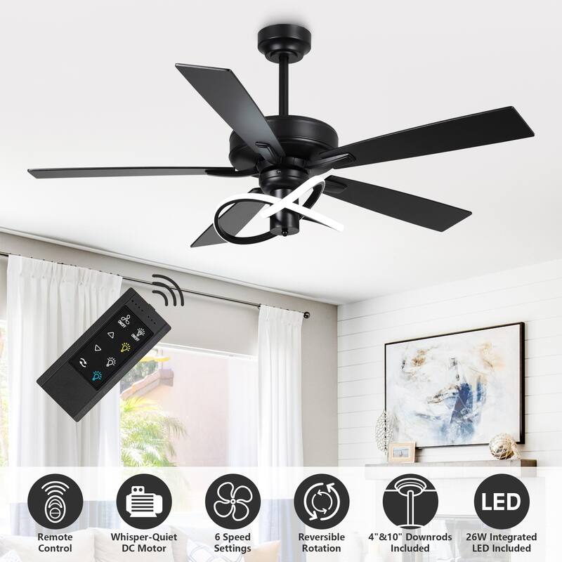 52" Modern Matte Black Reversible Integrated LED Dimmable Ceiling Fan with LED Light and Remote