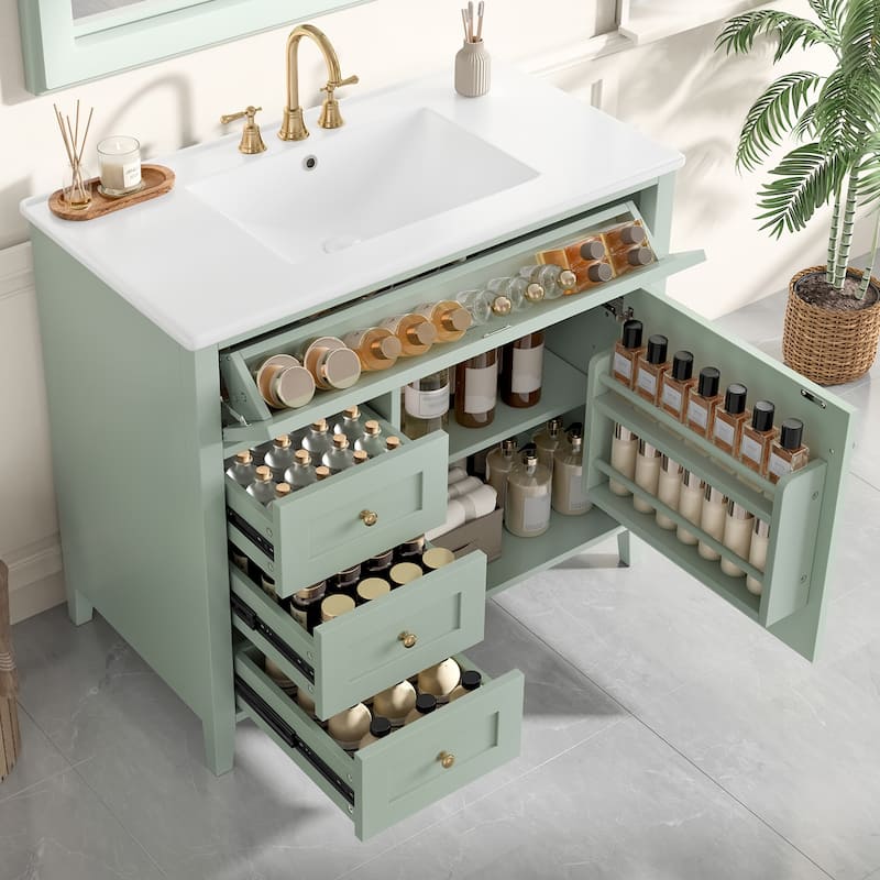 36-Inch Bathroom Vanity with Sink, Modern MDF and Rubberwood Cabinet with 3 Drawers and Adjustable Shelf, Freestanding Vanity - Green