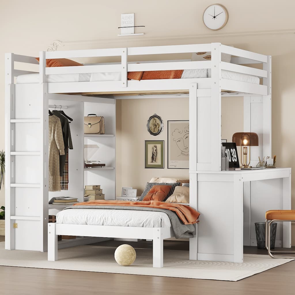 Roomfitters Full/Queen Solid Wood Bunk Bed with Dismountable Lower Bed, Desk, Shelves & Wardrobe, Convertible Loft