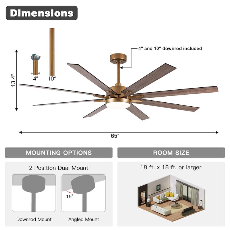 65" Farmhouse Gold Plywood Indoor Large Ceiling Fan with Light and Remote