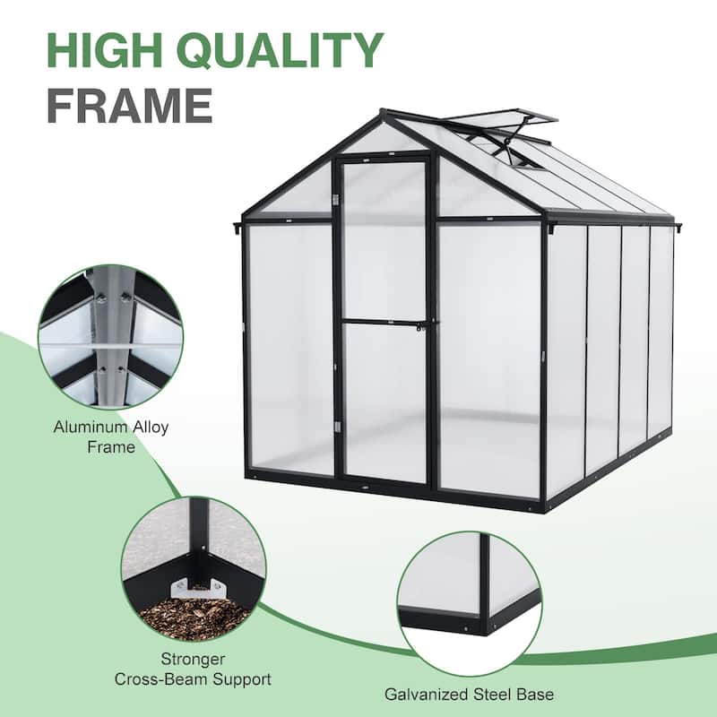 Aoodor Polycarbonate Walk-in Greenhouse with Aluminum Frame and Roof Vent