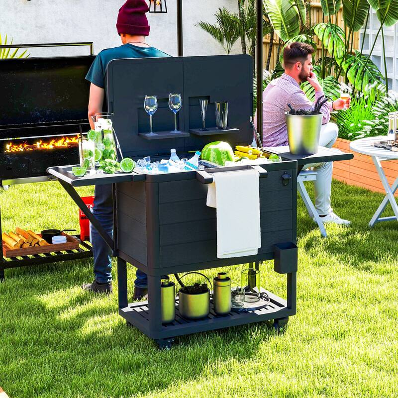 Patio Cooler Cart with Swivel Casters, Folding Lid, Bottle Opener, Towel Rack, Foldable Side Tables - 37" L x 22" W x 33.9" H