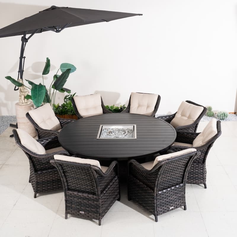 Modern 9-piece Aluminum Round Fire Pit Table Set with 8 Chairs for Patio