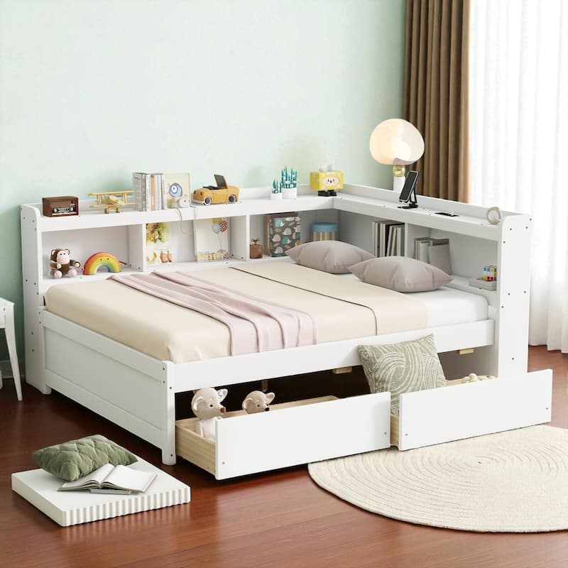 Full Size Bed with L-Shaped Bookcases, Power Outlets, USB Ports and 2 Storage Drawers