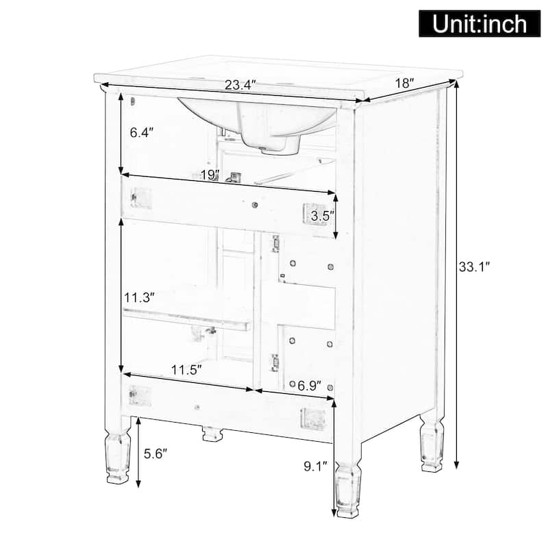 24-Inch Bathroom Vanity with Sink,Solid Wood and MDF Cabinet with One Flip Drawer,2 Standard Drawers,Freestanding Vanity